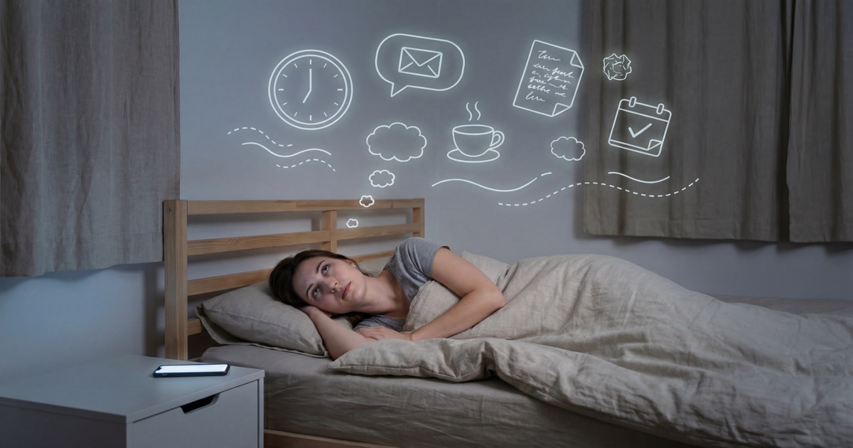 Woman lying awake in bed at night, with thought bubbles showing a clock, messages, coffee, and unfinished tasks floating above her head