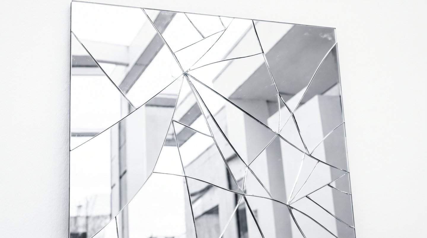 Fractured mirror mounted on a white wall, its surface broken into sharp geometric shards reflecting fragmented light