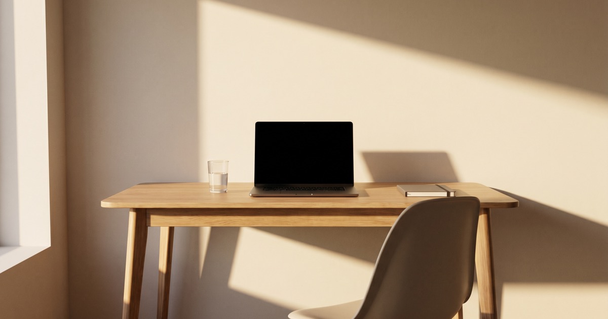 Empty desk with a dark laptop screen and afternoon light, representing the stillness of mental burnout