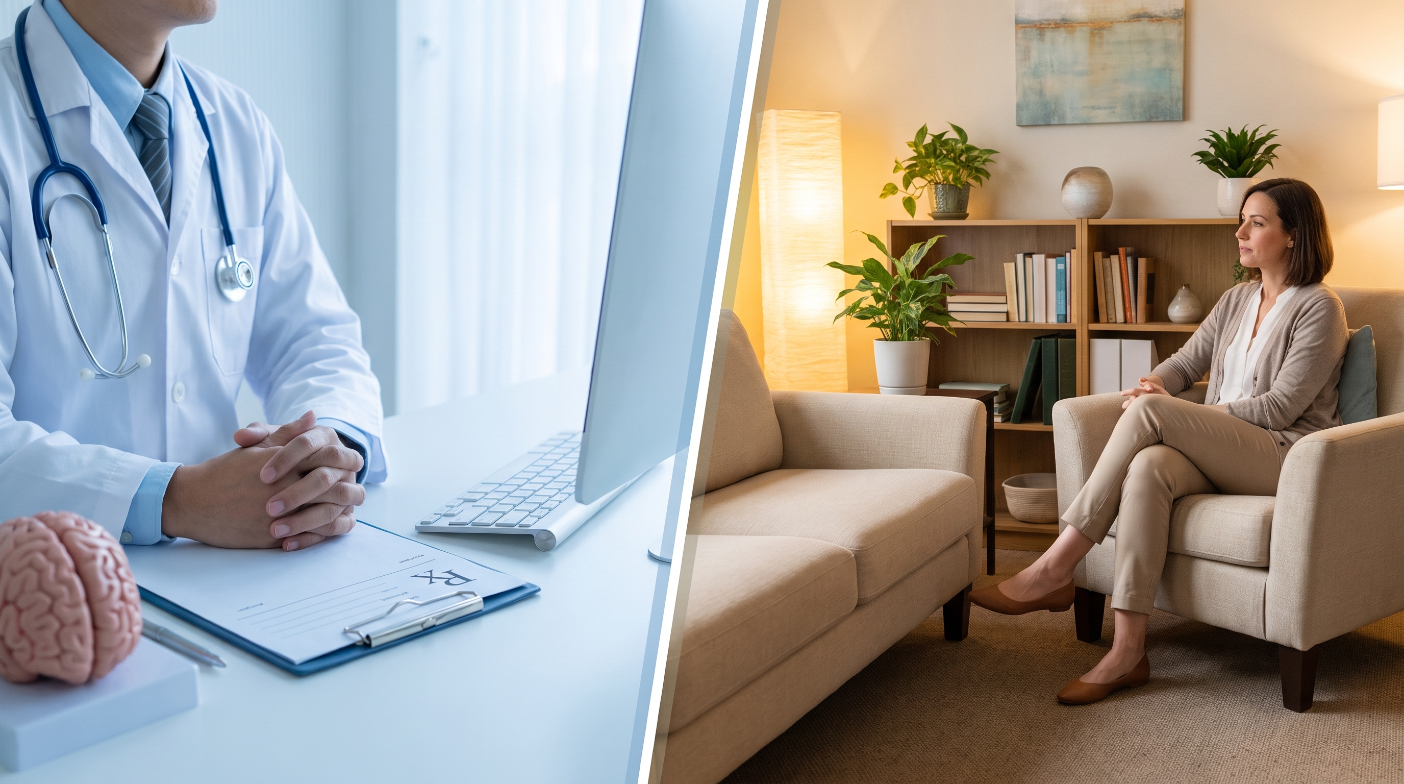 Split image: on the left, a physician in a white coat with a stethoscope sits at a desk with a brain model and prescription pad; on the right, a woman sits in an armchair in a warmly lit therapy room with bookshelves and plants