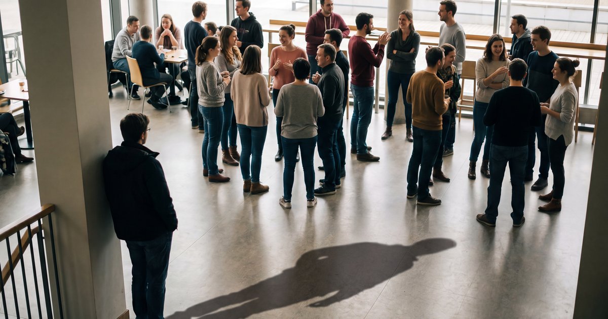 A lone figure stands apart from a group of people conversing, their long shadow stretching across the floor — on social anxiety and self-confidence