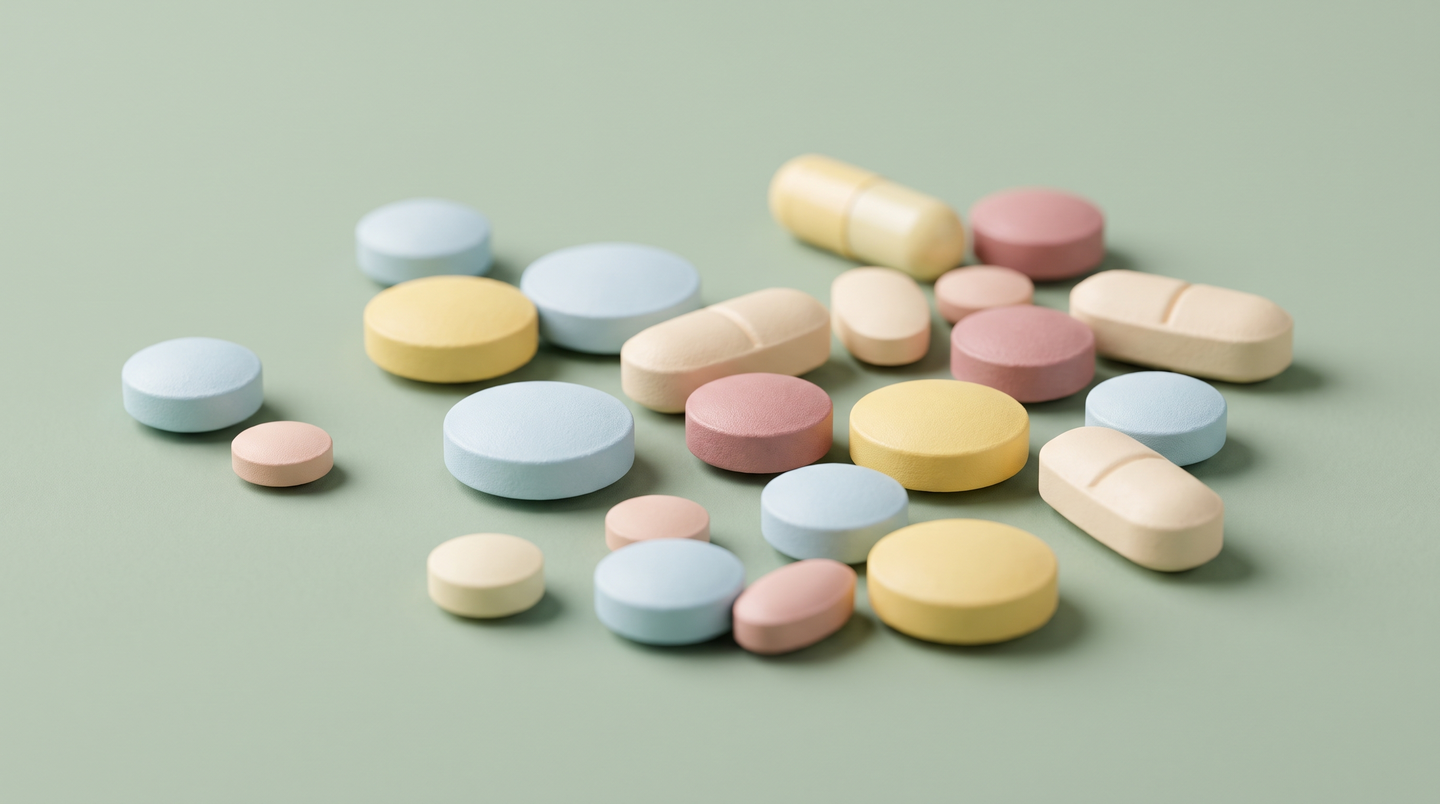 Assorted antidepressant and psychiatric medication tablets and capsules arranged on a sage green background