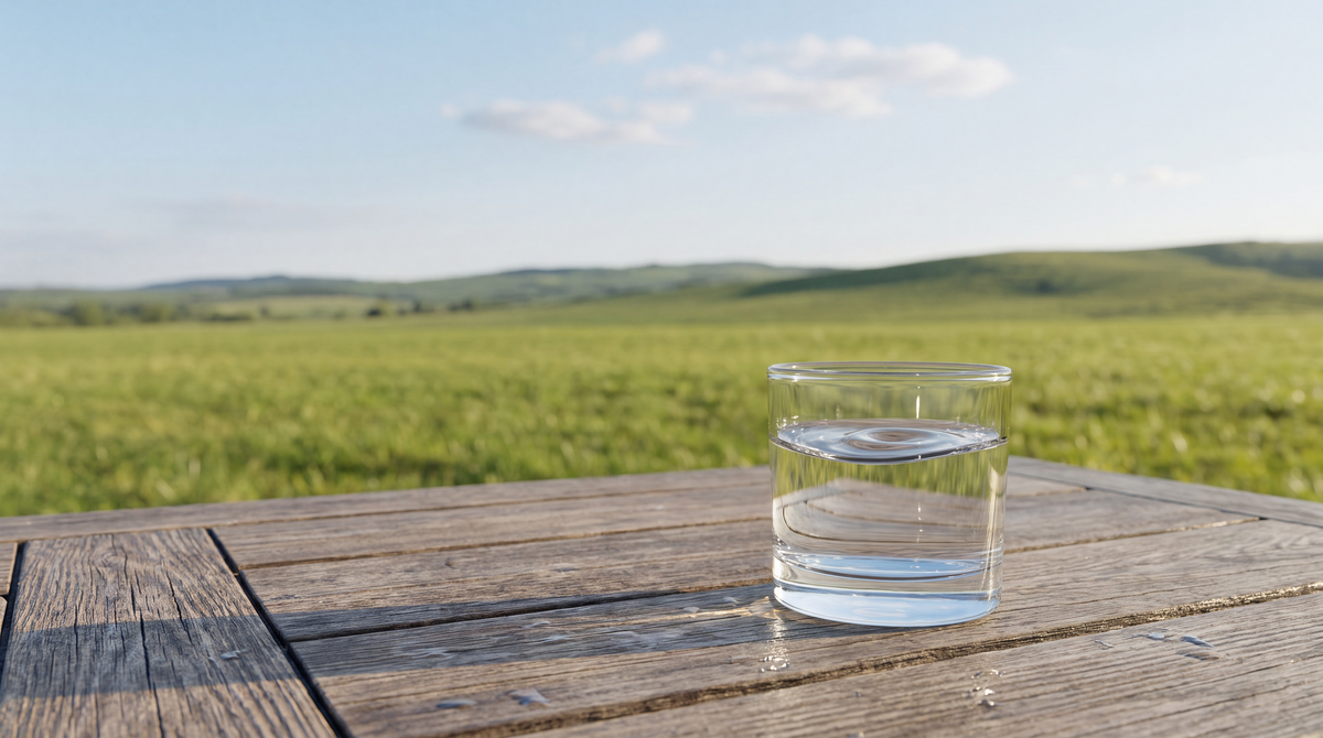 A glass of water on a wooden table outdoors with open green fields and sky in the background — calm and still