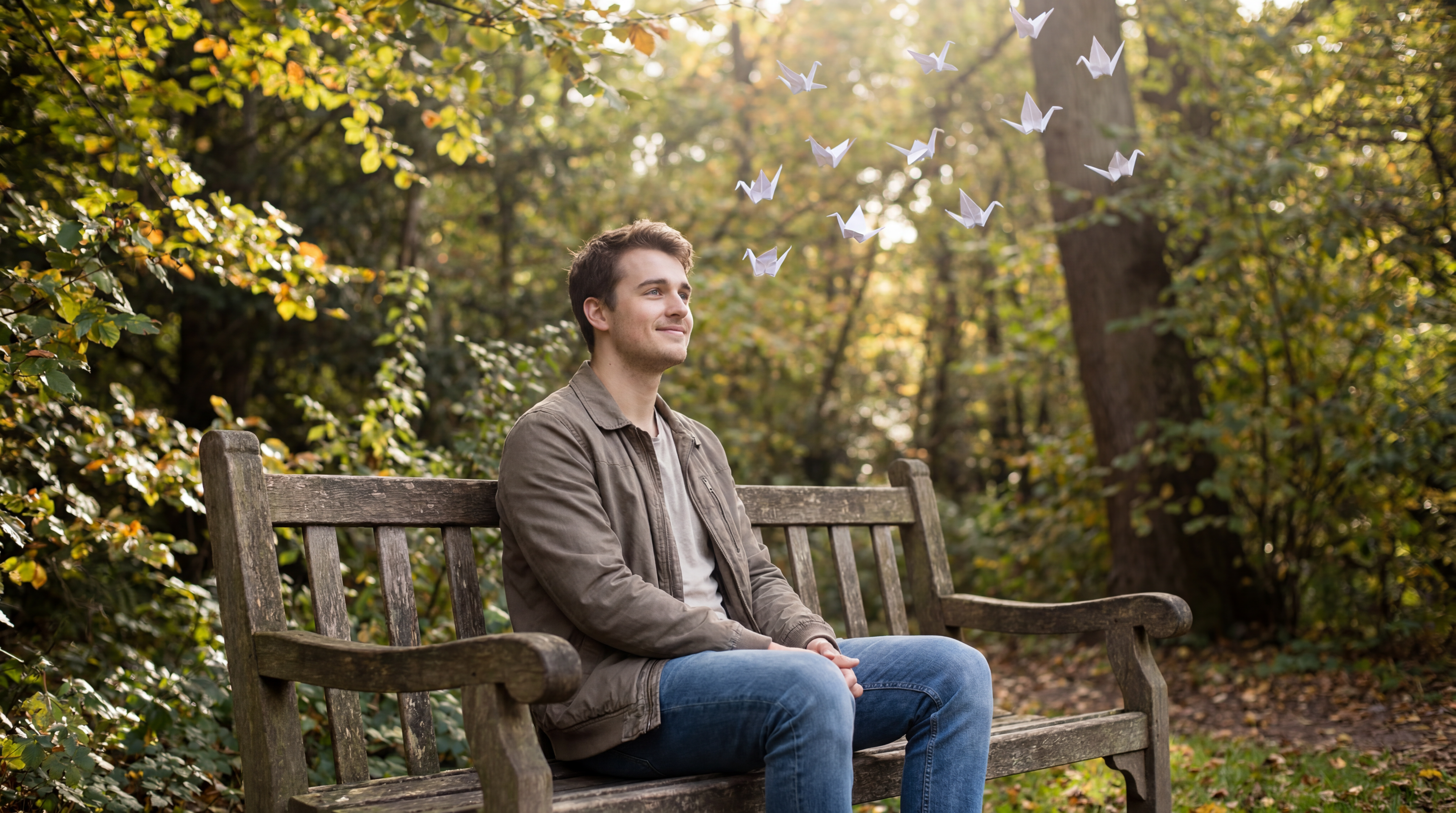 Man sitting peacefully on a park bench with paper cranes floating above him, representing the internal process of behavioral change