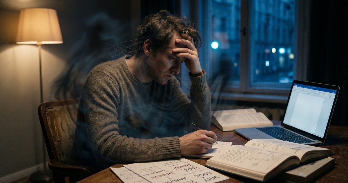 Person sitting at a desk late at night, head in hand, surrounded by notes and an open laptop